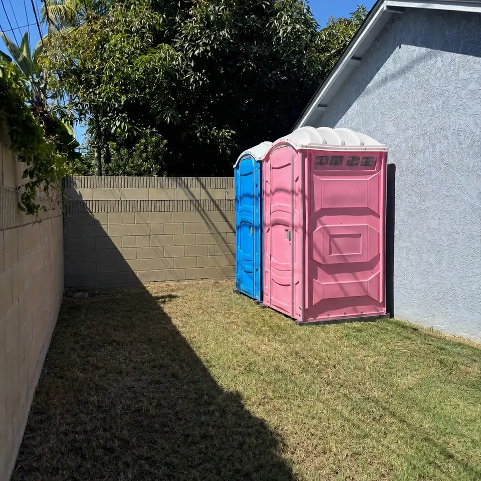 Blue and pink porta potties set along a fence in a backyard for a party