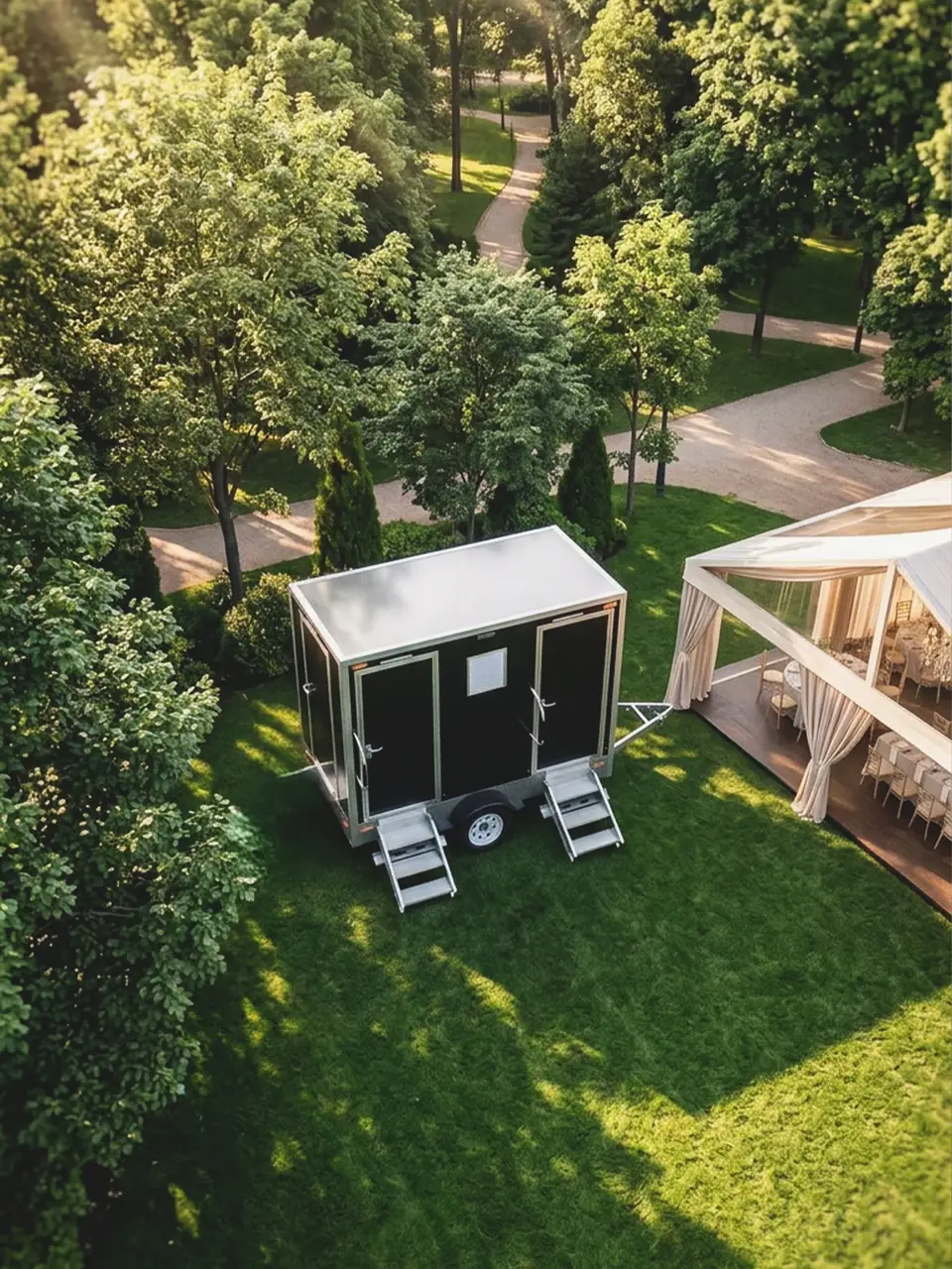 Restroom trailer set on a lawn beside a garden wedding setup